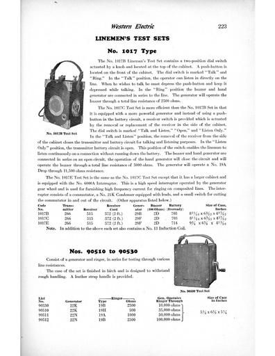 1930 WE Catalog - Linemen's Test Sets (extract)