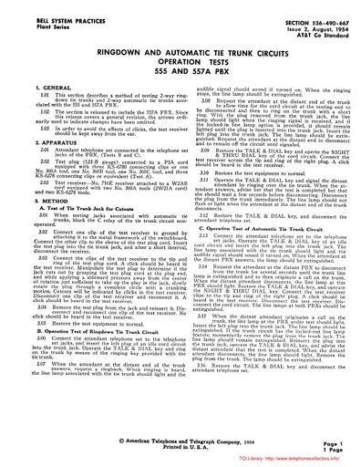 536-490-667 i2 Aug54 - Ringdown and Automatic Tie Trunk Circuits - Operation Test