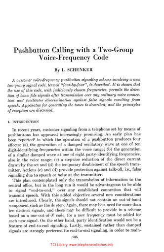 60jan BSTJ p235 - Pushbutton Callilng with a Two-Group Voice Frequency Code