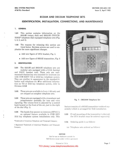 503-603-130 i2 apr 1982 853 and 2853am type telephone sets