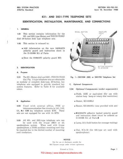 503-702-101 i10 dec 1980 831 and 2831 type telephone sets
