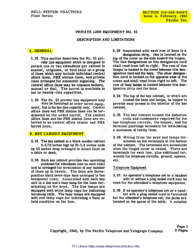 310-046-900PT iA Feb60 - Private Line Equipment No 51 - Description and Limitations