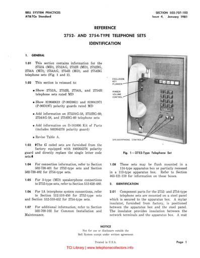 502-707-102 i4 jan 1981 reference 2752 and 2754 type telephone sets