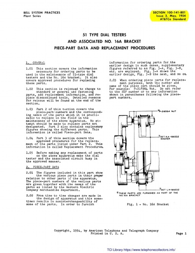100-141-801 i2 May54 - 51-type Dial Testers and 16A Bracket - Part Data, Replacement Procedures