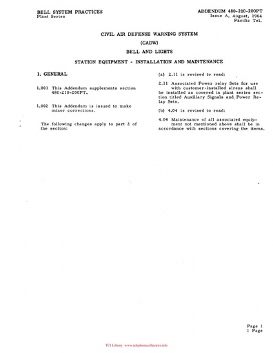 480-210-200PT Add iA Aug64 - CADW - Bells and Lights - Inst & Maint