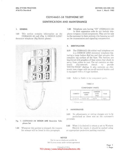 503-200-133 i1 mar 1983 - cs2954ag-58 - Big Button Wall telephone set