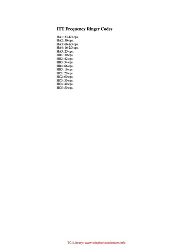 Kellogg 500-Style Telephones, ITT Ringing Frequency Chart