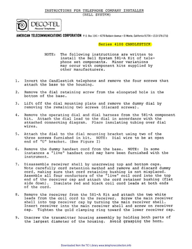 ATC 4100 - CANDLESTICK Installer Instructions - Bell System 581-A Components