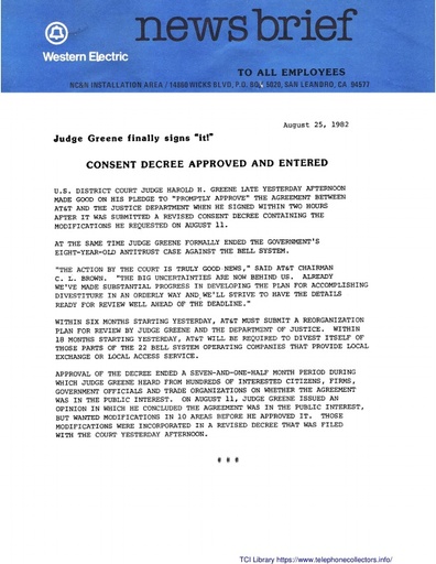 WE MFJ Employee Bulletin - August 25 1982