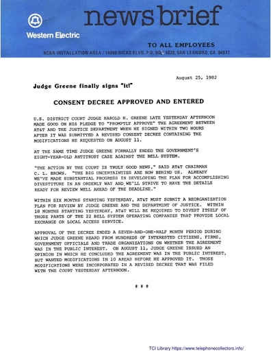 82 - WE MFJ Employee Bulletin - August 25 1982