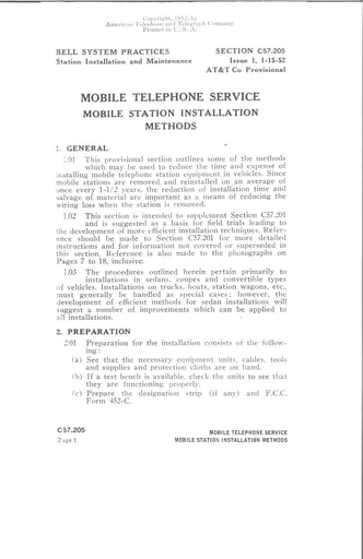 C57.205 I1 Jan 1952,  Mobile Telephone Service, Mobile Station Installation Methods