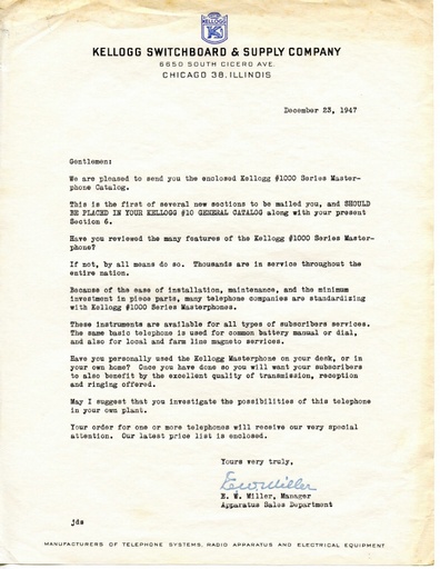 Kellogg Catalog - Masterphone K1000, Lamps & Relays Bulletin Cover Letters and order form, 1947