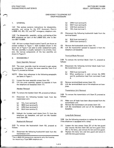 GSP 997-155-800, I1, Sep74 L-8505-Series Emergency Telephone - Shop Procedure