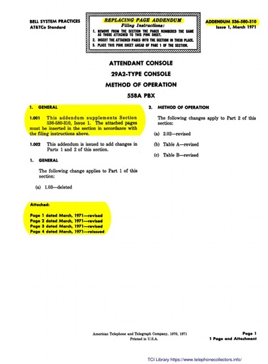 536-580-310 Add i1 Feb70 - 29A2-type Console "Replacing Page" Addendum
