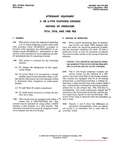 540-107-302 i2 Dec65 - ATTENDANT EQUIPMENT 5- or 6-Type Tel Console - Method of Operation - 701A 701B 740E PBX