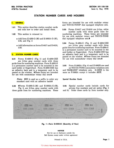 501-150-100 i6 May78 - Station Number Cards and Holders