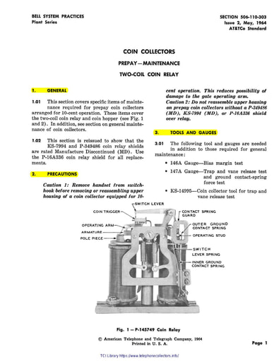 506-110-303 i2 May64 - Coin Collect Prepay - Two Coil Relay s1