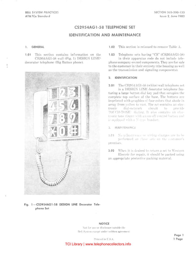 503-200-133 i2 jun 1983 - cs29544ag1-58 - Big Button Wall telephone set