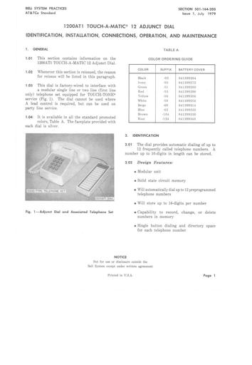 501-164-203 I1 Jul79 - Dials, 1200AT Adjunct  - Touch-a-Matic 12
