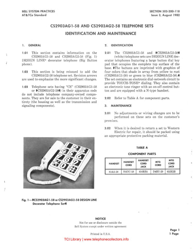 503-200-118 i3 aug 1982 cs2903ag1 58 and 2903ag2 58 telephone set