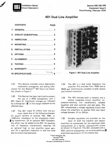 Wescom 040-100-205 I5 Feb78 - 401 Dual Line Amplifier