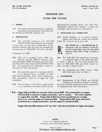 503-603-120 i1 Jun76 - 575AM 2575AM Tel Sets Ident, Install & Maint