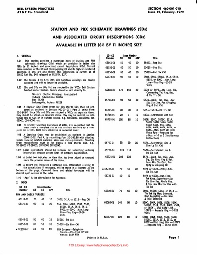 460-001-010 i12 Feb72 - Station and PBX SD and CD - Letter Size - Numerical Index