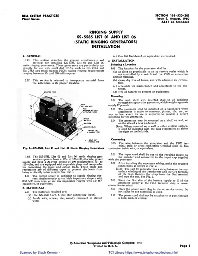 163-520-201 i2 Aug60 - KS-5585 L01 & L06 - Lorain M7.5 Sub Cycle Static Ringing Gens Inst