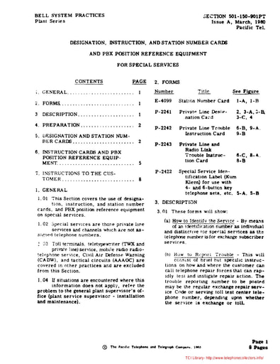 501-150-901PT iA Mar60 - PBX - Special Services  -  Station Number and Instruction Cards
