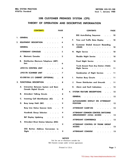 533 -101-100 i1 Jan80 - 50B Customer Premises System - Theory of Operation and Descriptive Info