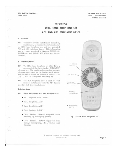 502-303-101 i1 Feb70 - Trimline - 220A Hand Tel Set - w AC1 AD1 Bases