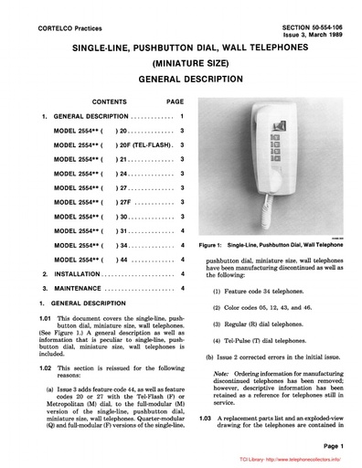 Cortelco 50-554-106 i3 Mar89 - 2554 Pushbutton Dial Wall Telephones General Description