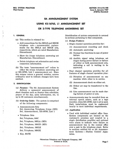 514-610-100 i2 Jan67 -8A Announcement System
