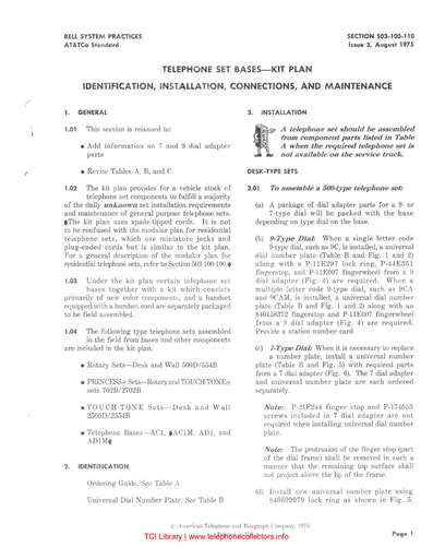 503-100-110 i3 aug 1975 telephone set bases kit plan