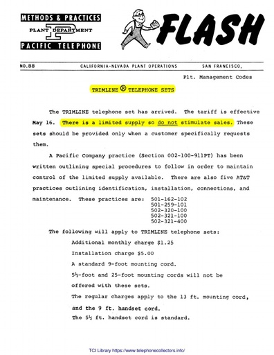 68may Pacific Tel - Flash Announcement 88 May68ca - Trimline Set Availability