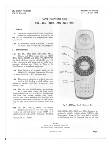 502-303-102 i1 Oct78 - Trimline Hand Telephone Sets - 220 226 2220 2226-Type