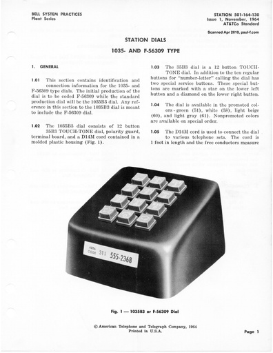 501-164-130 I1 Nov64 - Station Dials, 1035- and F56309-types - 12-button adjunct - extract