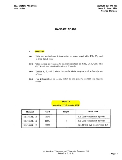 501-140-102 Handset Cords .