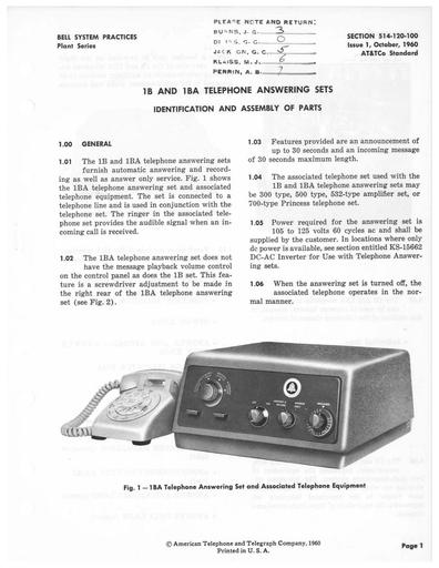 514-120-100 i1 Oct60 - 1B, 1BA Answering Sets  ID, Assembly