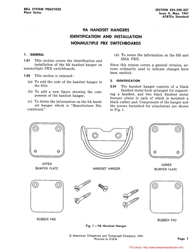 534-500-207 i4 May61 - 9A Handset Hangers - Id and Install - Nonmultiple PBX Switchboards