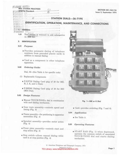501-164-116 i3 Sep74 - Station Dials, 36-type - 12-button Card Dial