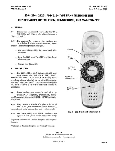 502-303-102 i3 Oct81 - Trimline Hand Telephone Sets - ID, Installation, Connections, Maint