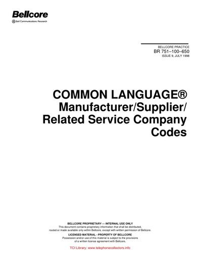 BR-751-100-650 i9 Jul98 - Telcordia - Related Service Company Codes