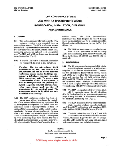 481-100-100 I1 Apr 1982 100A CONFERENCE SYSTEM USED WITH 4A SPEAKERPHONE SYSTEM IDENTIFICATION GUIDE