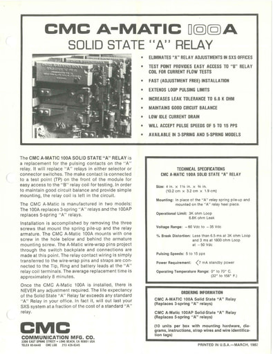 CMC A-Matic 100A Mar82 - Solid State Relay Datasheet