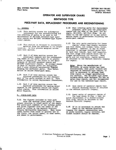 065-100-801 i8 Jan62 - OPERATOR AND SUPERVISOR CHAIRS
