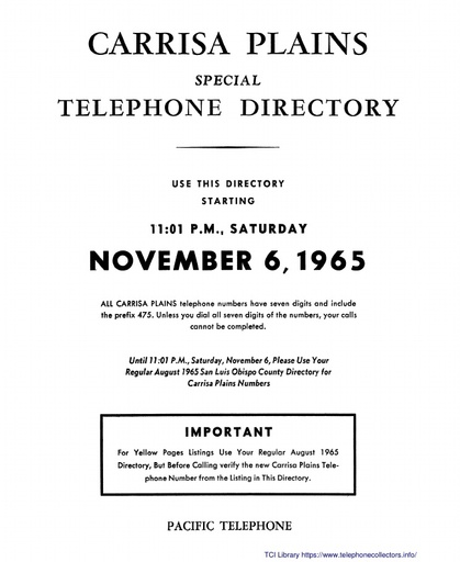 65nov PTT - Special Telephone Directory - Carrisa Plains CA Cutover
