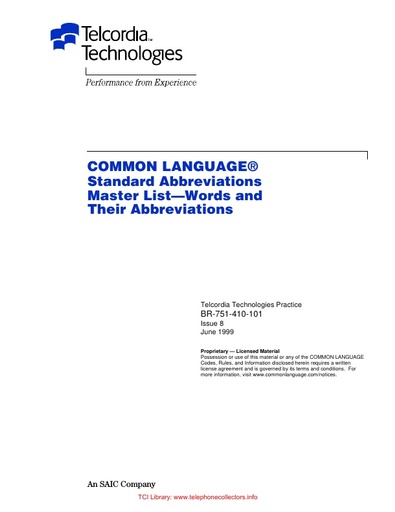BR-751-410-101 i8 Jun99 - Telcordia Standard Abbreviations Master List