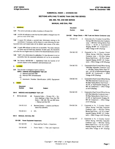 534-000-000 ATT I48 Dec88 - PBX Numerical Index