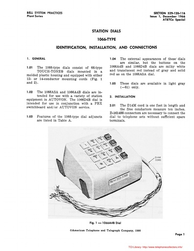 529-120-116 i1 Dec66 - Station Dials 1066-Type - Autovon Adjunct - Id Install Connections